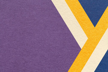 Abstract violet textured paper background with beige, yellow, blue geometric lines, copy space for banner presentation