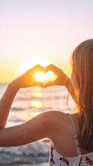 Woman's hands form heart shape around sun over ocean, back view against warm sunset light