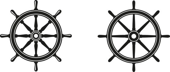 Set of two black nautical ship wheel silhouettes on a white background for marine navigation and maritime designs. © Vactor Itbd