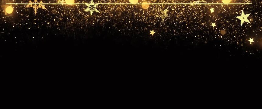 Golden holiday sparkles gently drift across a dark background as the camera slowly pans, creating a festive, elegant atmosphere; ideal for cinematic seasonal promotions.