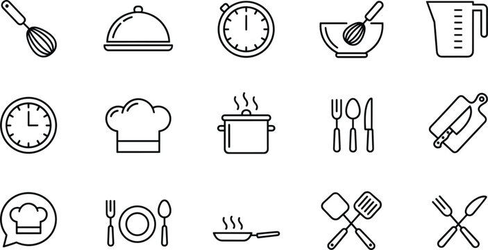 Kitchen and cooking line icon set featuring chef hat culinary tools like whisk spatula frying pan and measuring cup for restaurant and food preparation.