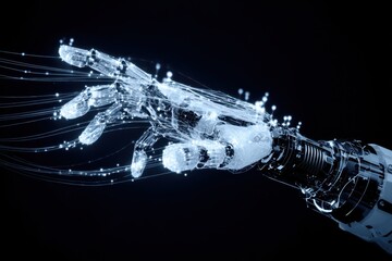 Futuristic Robotic Hand with Glowing Digital Network on Dark Background.