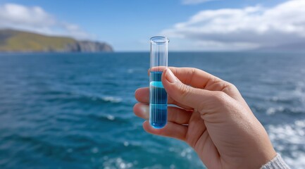 Hand Holding Test Tube Over Ocean