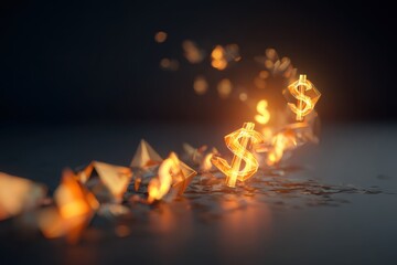 Glowing Dollar Signs and Geometric Shapes Floating on Dark Background.