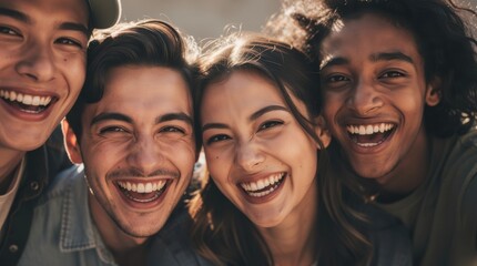 A joyful group of four friends smiling together, showcasing happiness and connection in a vibrant outdoor setting.