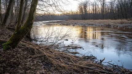 Winter riverbank with floating vegetation and bare trees under muted sunlight
