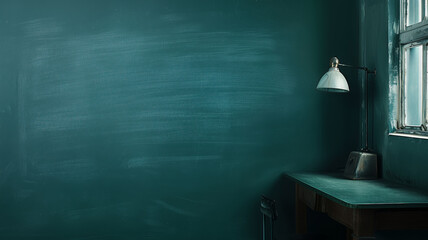 Minimalist interior featuring teal wall, wooden desk, and industrial lamp creating a serene workspace atmosphere
