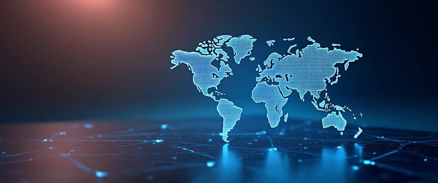 Futuristic digital world map slowly rotates as the camera gently pans across a networked grid, showcasing global connectivity in a cinematic, tech-savvy style.