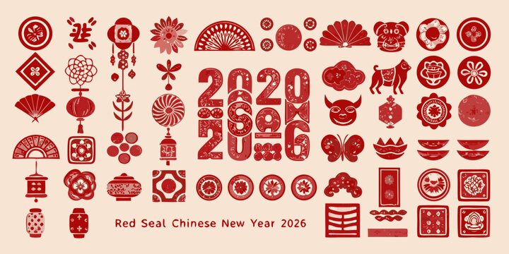 Collection of traditional red chinese new year seals and decorative elements