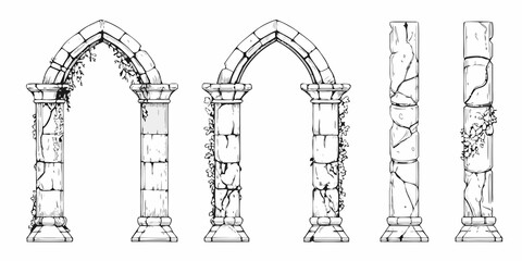 Vintage gothic arches and columns with climbing vines black and white sketch © Lolita