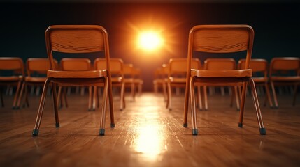 Empty Chairs Facing a Bright Light in a Dimly Lit Room, Perfect for Themes of Waiting and Anticipation