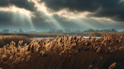 Expansive reed beds rustling under dramatic sunlight rays