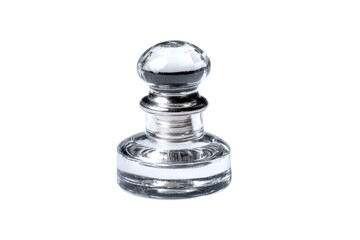 A small glass object with a silver top. It is clear and has a round shape. The object is placed on a white background, png