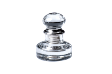 A small glass object with a silver top. It is clear and has a round shape. The object is placed on a white background, png