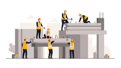 Construction workers in yellow vests and helmets building a large concrete structure from multiple angles