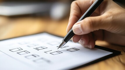 Hand holding pen marking checkbox on document with blurred background with office and business and form and survey and work and select and choice