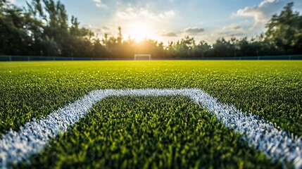 A serene soccer field at sunset with a white goalpost in the distance and a freshly painted corner arc on the lush green grass, evoking a sense of calm before a competitive match.