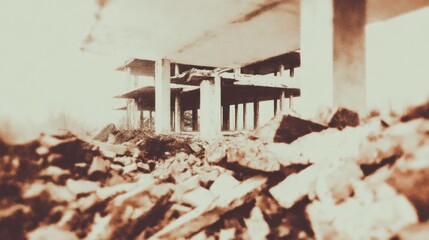 Ruins of a building under construction with debris on the ground during the day