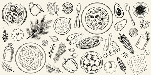 A sketch of various foods including pizza fruits and vegetables arranged overhead © Lolita