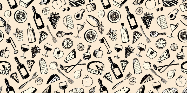 A charming pattern of wine cheese fruit and culinary delights