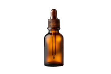 A bottle of essential oil with a wooden cap. The bottle is brown and has a clear glass top, png