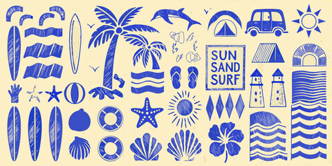 Beach themed doodles with surfboards palm trees and ocean elements in blue © Lolita