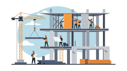 Fototapeta premium Construction workers building a modern multi-story building with a crane on site