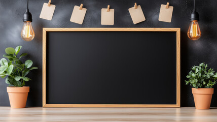 Wooden Frame Chalkboard with Plant Pots and Light Bulbs on a Dark Background for Creative Displays