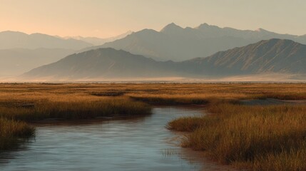 Expansive wetland valley surrounded by distant mountain silhouettes