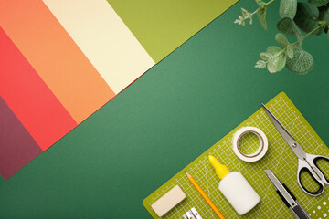 Craft tools on a desk. Creative workspace for art and handmade design preparation. Space for your text.