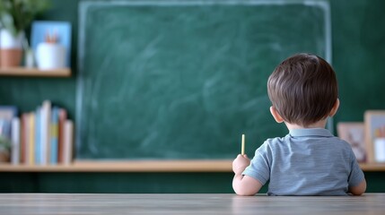 Young Child Sitting at a Desk in Front of a Blank Chalkboard Preparing to Learn and Explore New Knowledge in a Classroom Setting