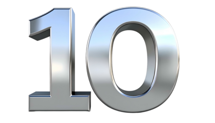 Digitally rendered, glossy silver numeral "10" set against a black, transparent background. The three-dimensional numerals gleam