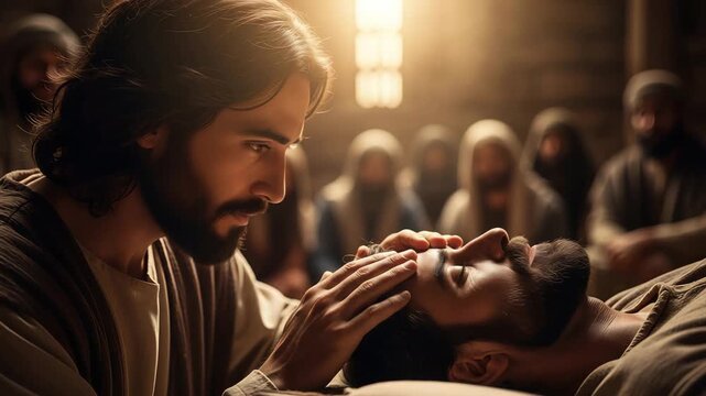 Jesus healing a man, man opens his eyes while surrounded by disciples in a dimly lit room	