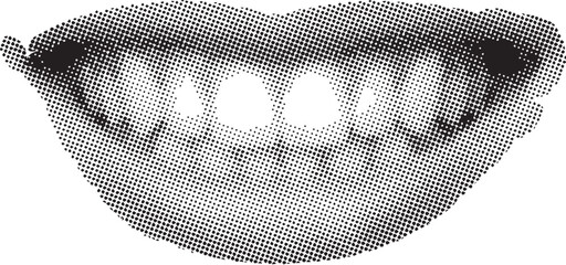Black and white halftone illustration of smiling lips with teeth