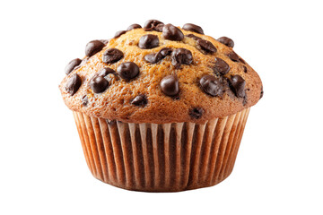 A chocolate chip muffin sits on a white background. The muffin is topped with chocolate chips and has a slightly browned top, png