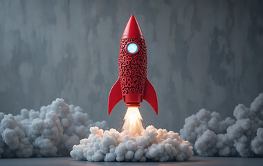 Red rocket with binary code pattern launching from cloud smoke on gray background