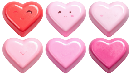 Six stylized glossy heart candies in hues of pink and red arranged together, some with kawaii-style faces