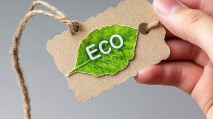 Symbolic representation of a hand holding an eco leaf tag revealing pollution and synthetic materials