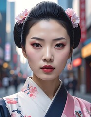 Woman with pink flower hair decor, wearing floral kimono, gazes forward on a blurred urban street