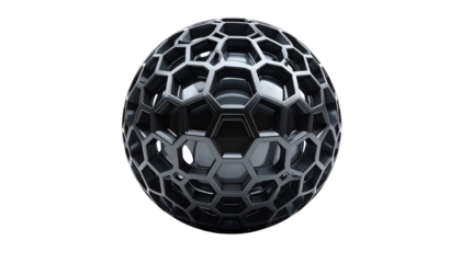 3D render of a spherical structure with hexagonal openings revealing a glossy surface within, set against black