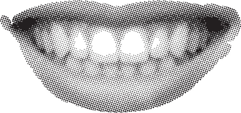 Black and white halftone illustration of smiling lips with teeth