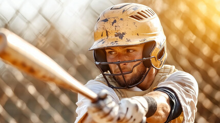 Intense Baseball Player Batting in Action on Field with Bright Sunlight and Chain Link Fence Background