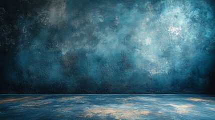 A chaotic blue and gold textured canvas fills the background, set in a studio with a creative vibe.