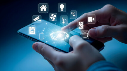Mans hands operating a smartphone with iot icon. Smart home control system and internet of things. Remote management of household appliances for digital lifestyle.