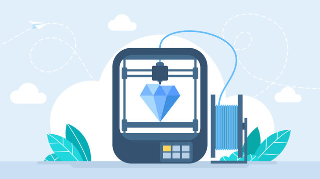 3D printer creates jewelry stones. Laboratory grown diamond. 3D printer making a diamond. 3d printing of precious stones in industrial conditions. Flat illustration