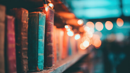 Colorful books lined on shelves with lights glowing in a library space
