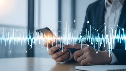 Digital financial data chart overlay on smartphone. Business analytics and stock market trading. Businessman using mobile phone to analyze profit growth and investment performance.
