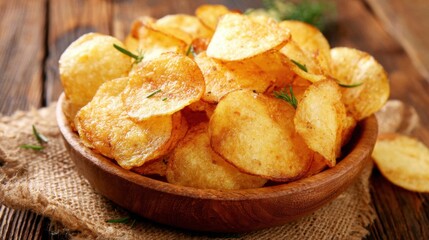 Crispy potato chips in a wooden bowl on a rustic table setting