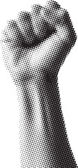 A black and white halftone illustration of a raised fist