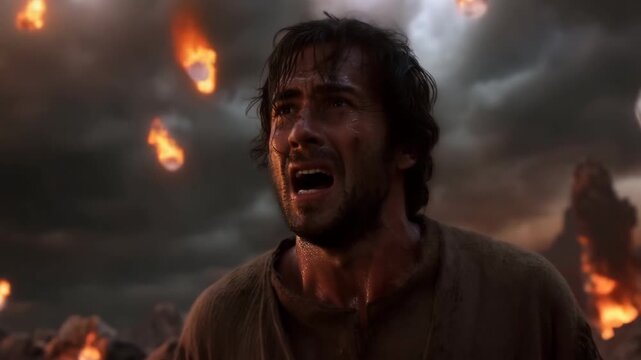 Upset man with open mouth looks up at fiery projectiles falling from the sky during an apocalyptic event. Biblical scene for religious storytelling.	